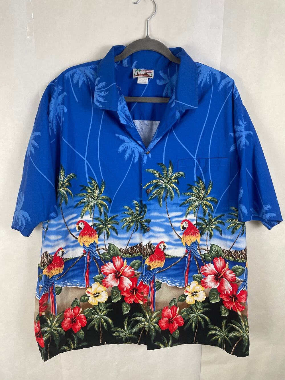 Evergreen Island Genuine Hawaiian Parrots and Flowers Blue Button Up Shirt